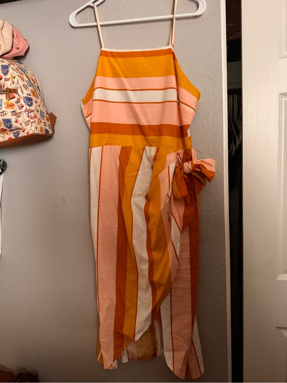 Express Striped Midi Dress in Pink, Mustard & Cream with Side Bow
